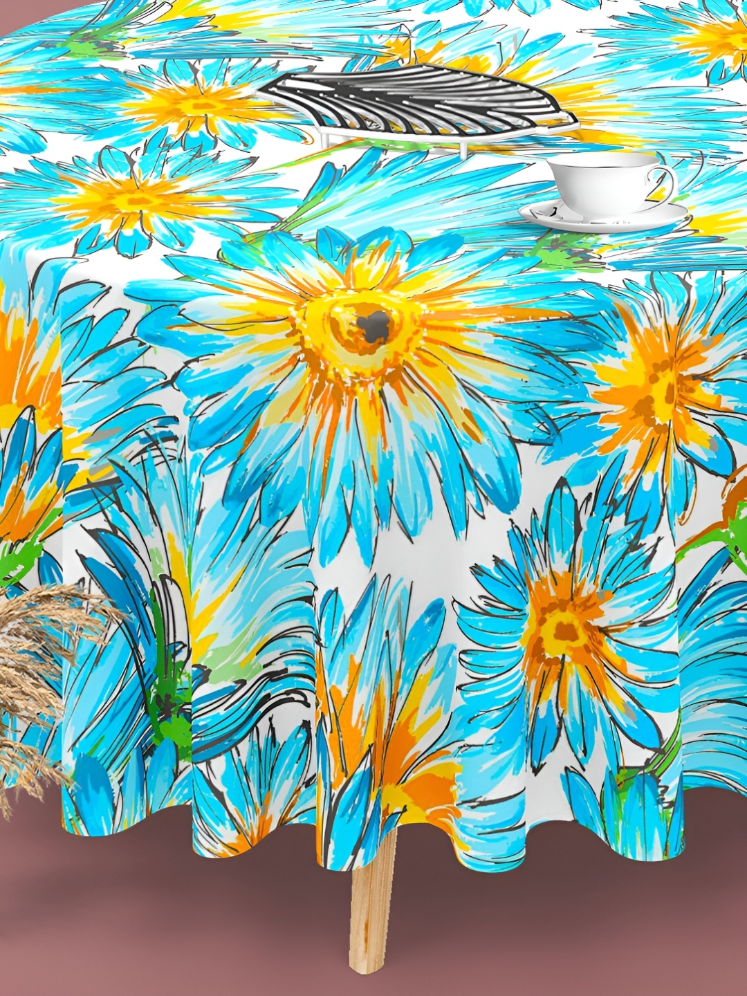 

ArtzFolio White & Blue Floral Printed Velvet Anti Slip Round Table Cover
