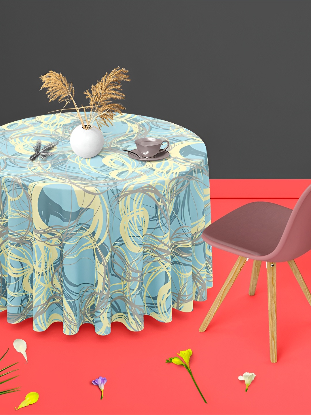 

ArtzFolio Blue & Cream Printed Velvet Anti-Slip Round 6-Seater Table Cover