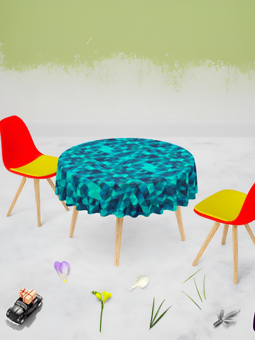 

ArtzFolio Blue & Green Geometric Printed Velvet Anti Slip Round Table Cover