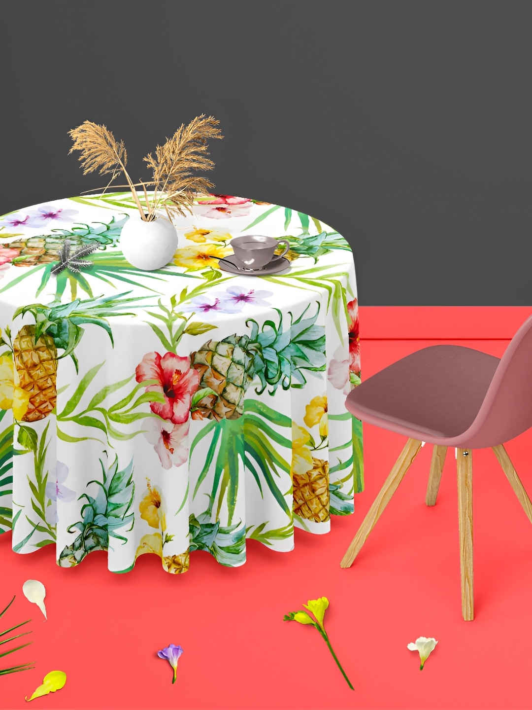 

ArtzFolio White Floral Velvet Anti-Slip Round 6-Seater Table Cover