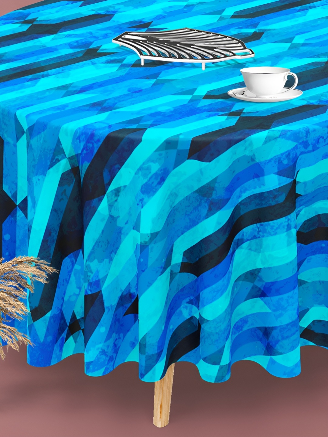 

ArtzFolio Blue & Black Anti-Slip Round 4-Seater Table Cover