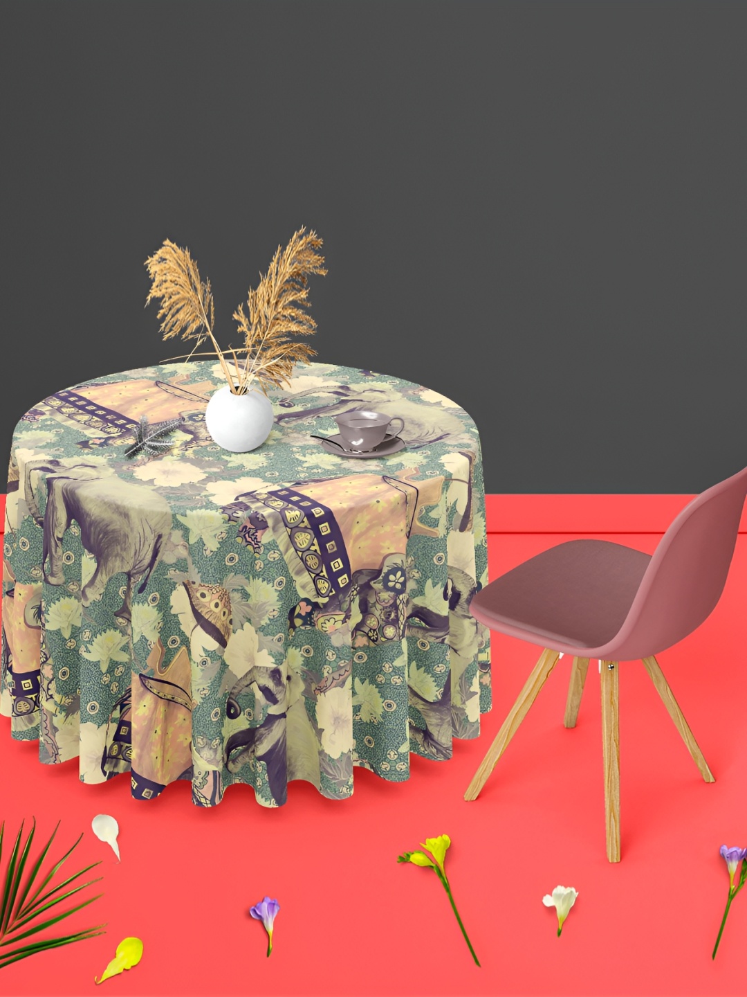 

ArtzFolio Green & Brown Printed Velvet Anti-Slip Round Table Cover