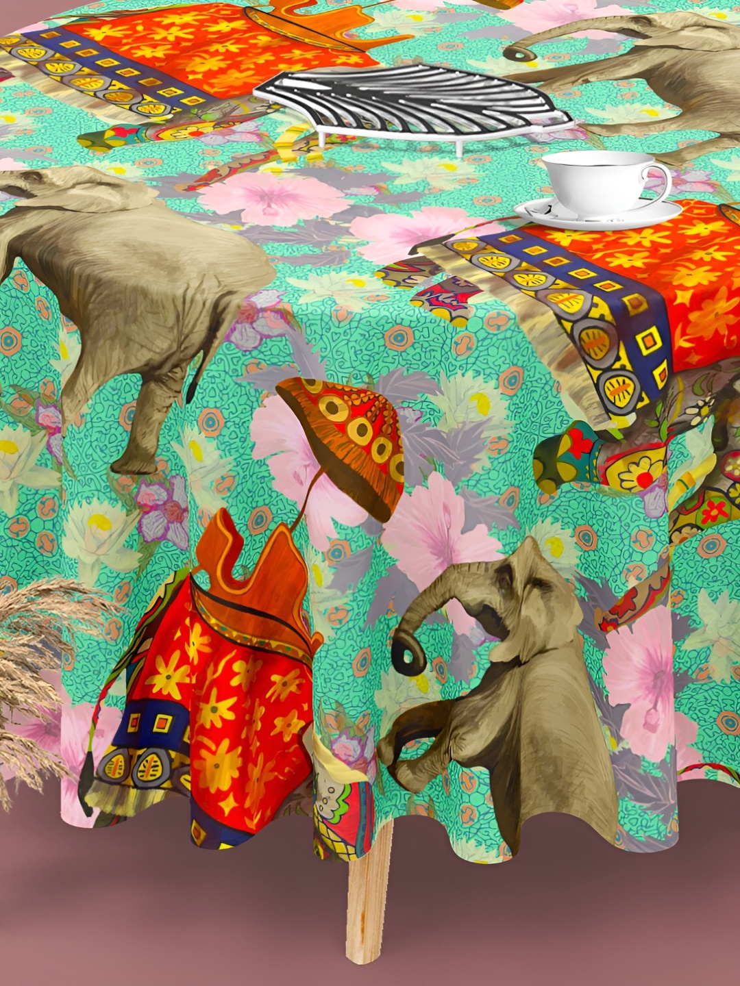 

ArtzFolio Beige & Green Animal Printed Anti-Slip Round 8-Seater Table Cover