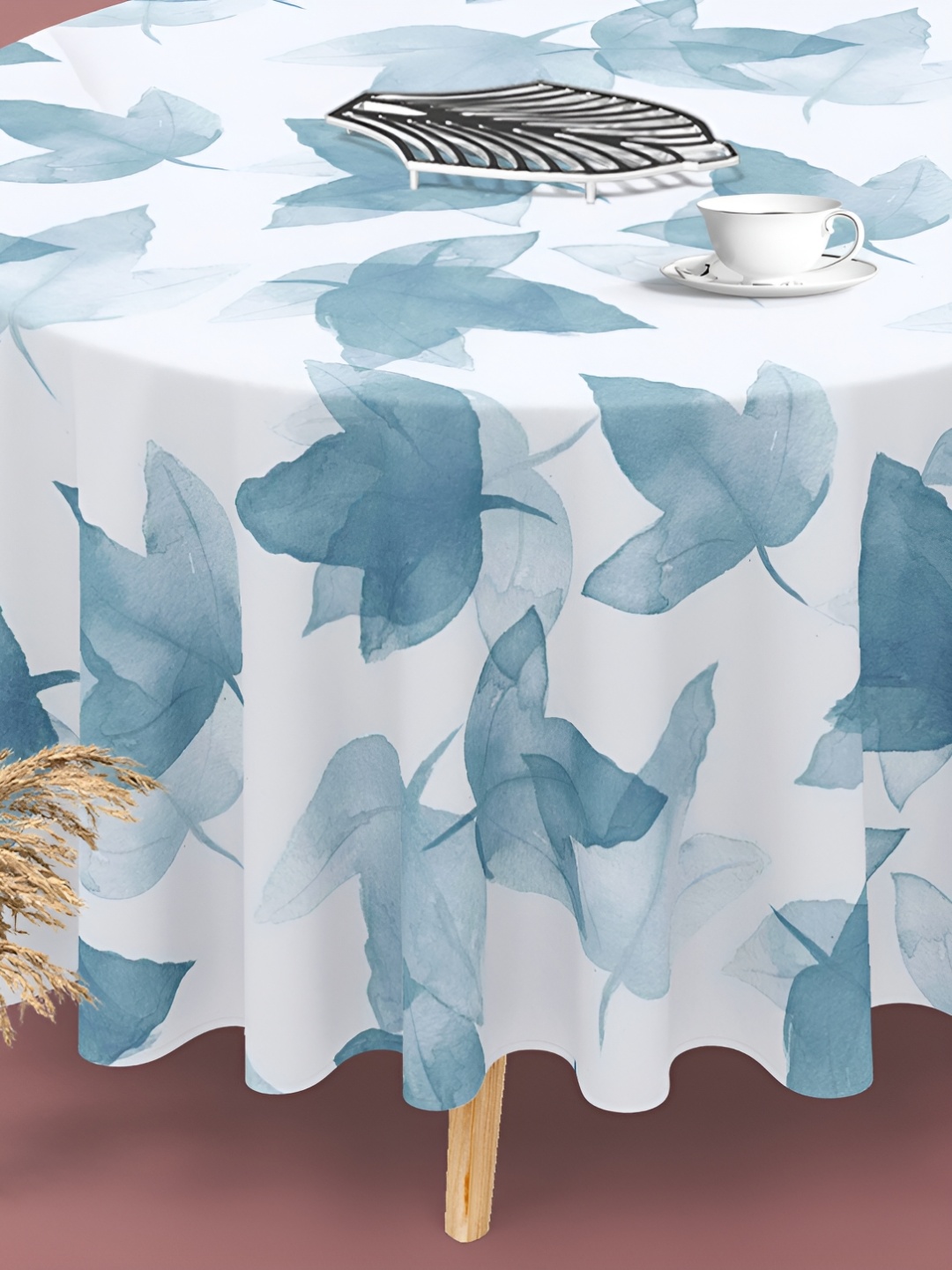 

ArtzFolio White & Blue Floral Printed Velvet Anti Slip Round Table Cover