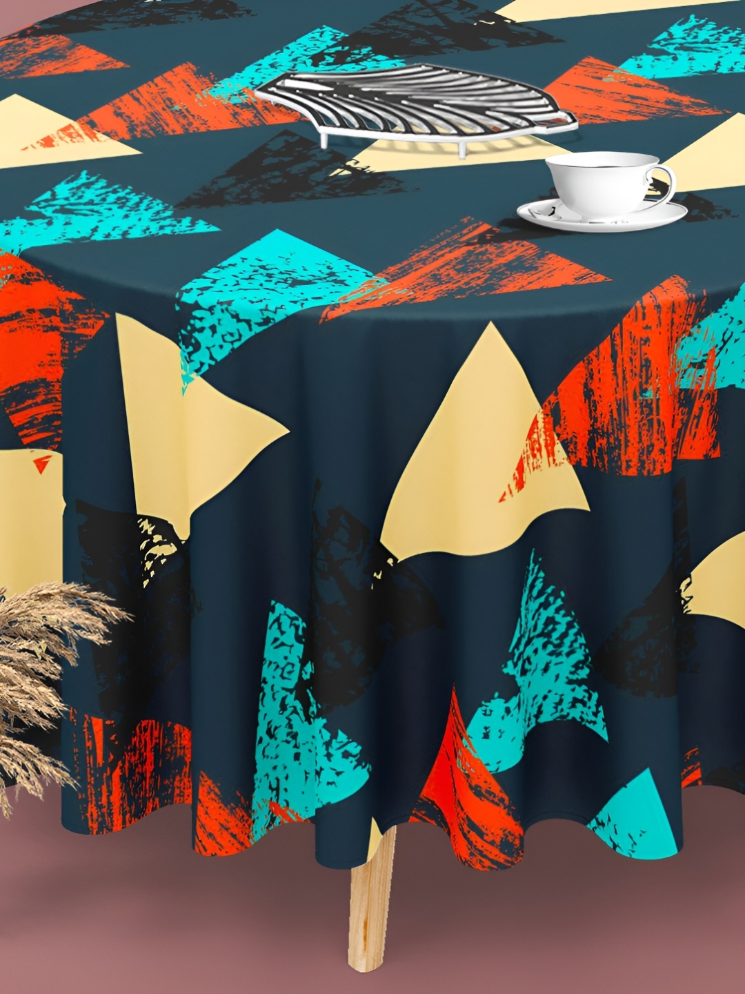 

ArtzFolio Navy Blue & Red Printed Velvet Anti-Slip Round Table Cover