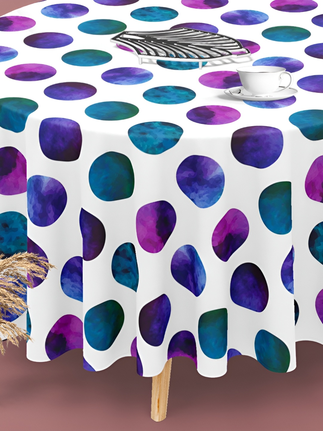 

ArtzFolio White & Blue Printed Velvet Anti-Slip Round Table Cover