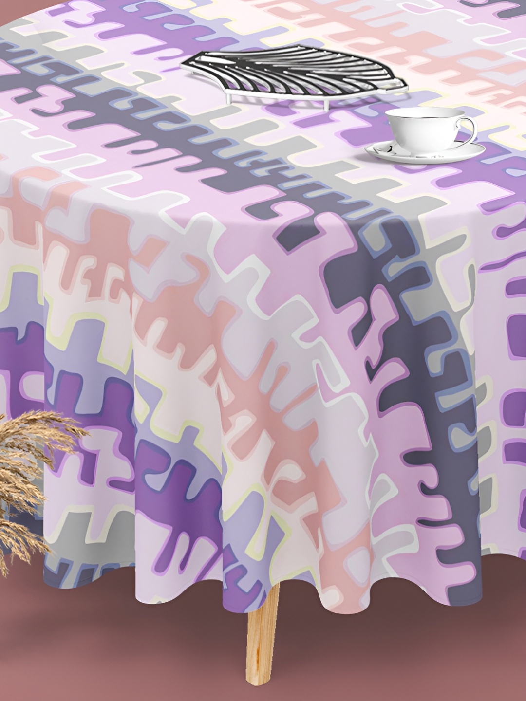 

ArtzFolio White & Lavender Printed Anti-Slip Round 8 Seater Table Cover