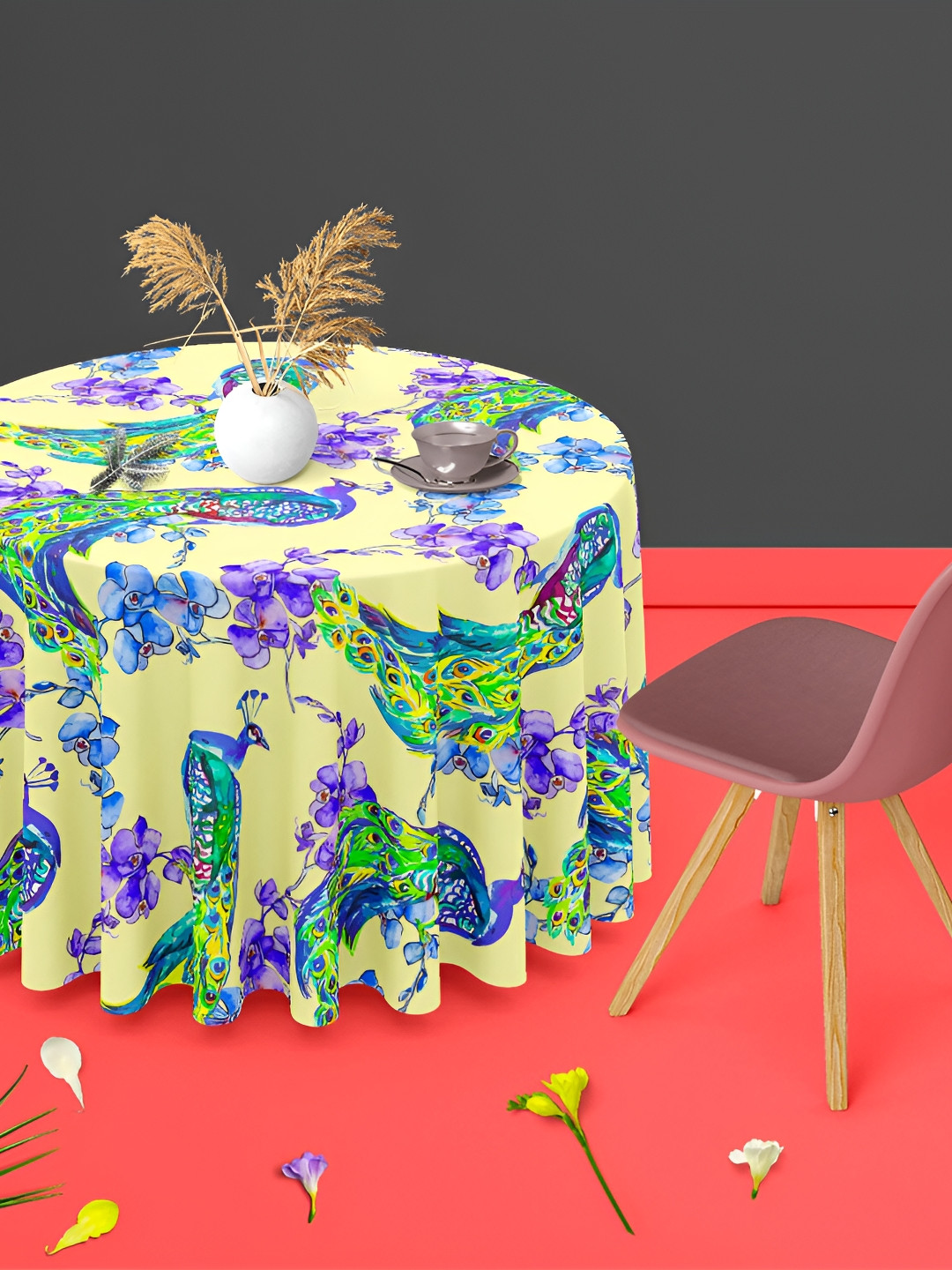 

ArtzFolio Yellow & Green Printed Velvet Anti-Slip Round Table Cover