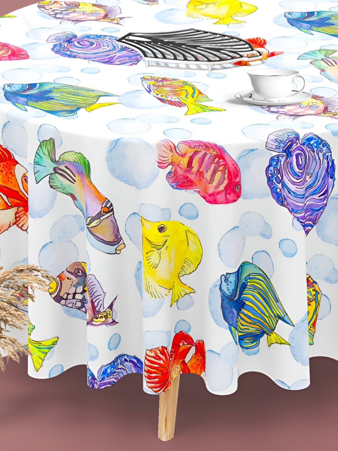 

ArtzFolio White & Blue Velvet Anti-Slip Round 6-Seater Table Cover