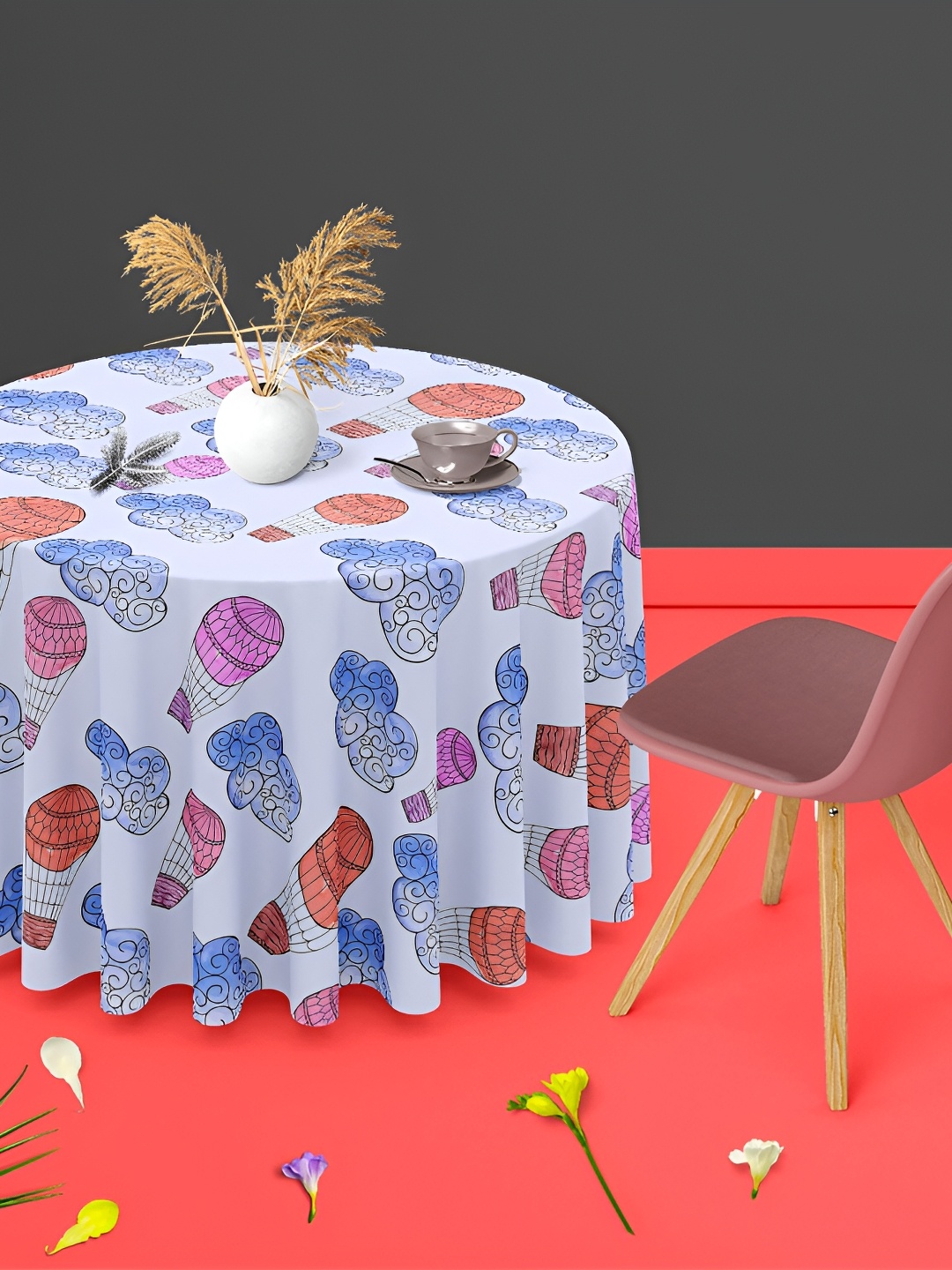 

ArtzFolio White & Pink Printed Anti-Slip Round 6 Seater Table Cover