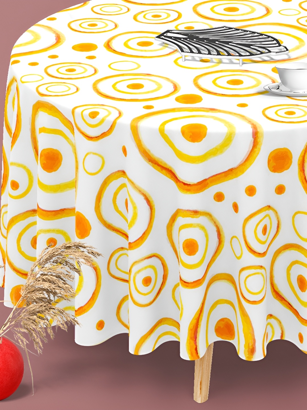 

ArtzFolio White & Yellow Printed Velvet Anti-Slip Round 6-Seater Table Cover