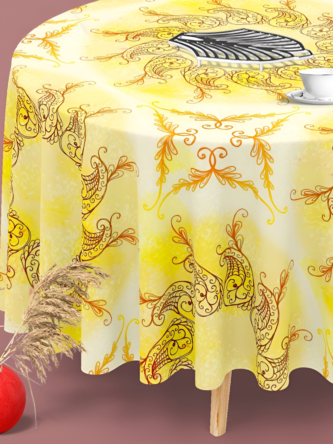 

ArtzFolio Yellow & White Anti-Slip Round 8-Seater Table Cover
