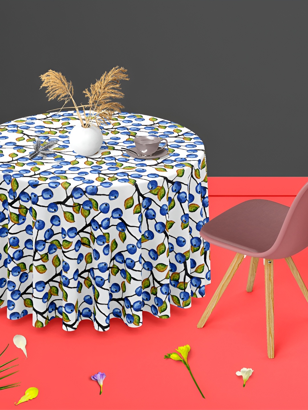 

ArtzFolio White & Blue Anti-Slip Round 6-Seater Table Cover