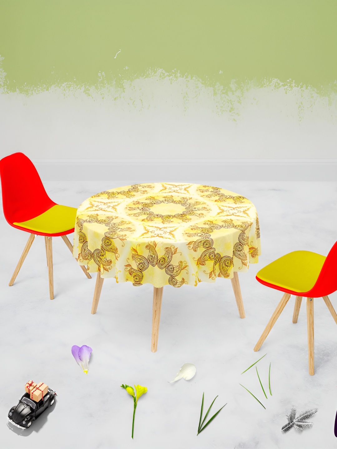 

ArtzFolio Yellow & Beige Anti-Slip Round 4-Seater Table Cover