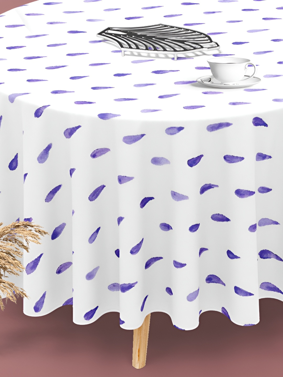 

ArtzFolio White & Blue Anti-Slip Round 6-Seater Table Cover