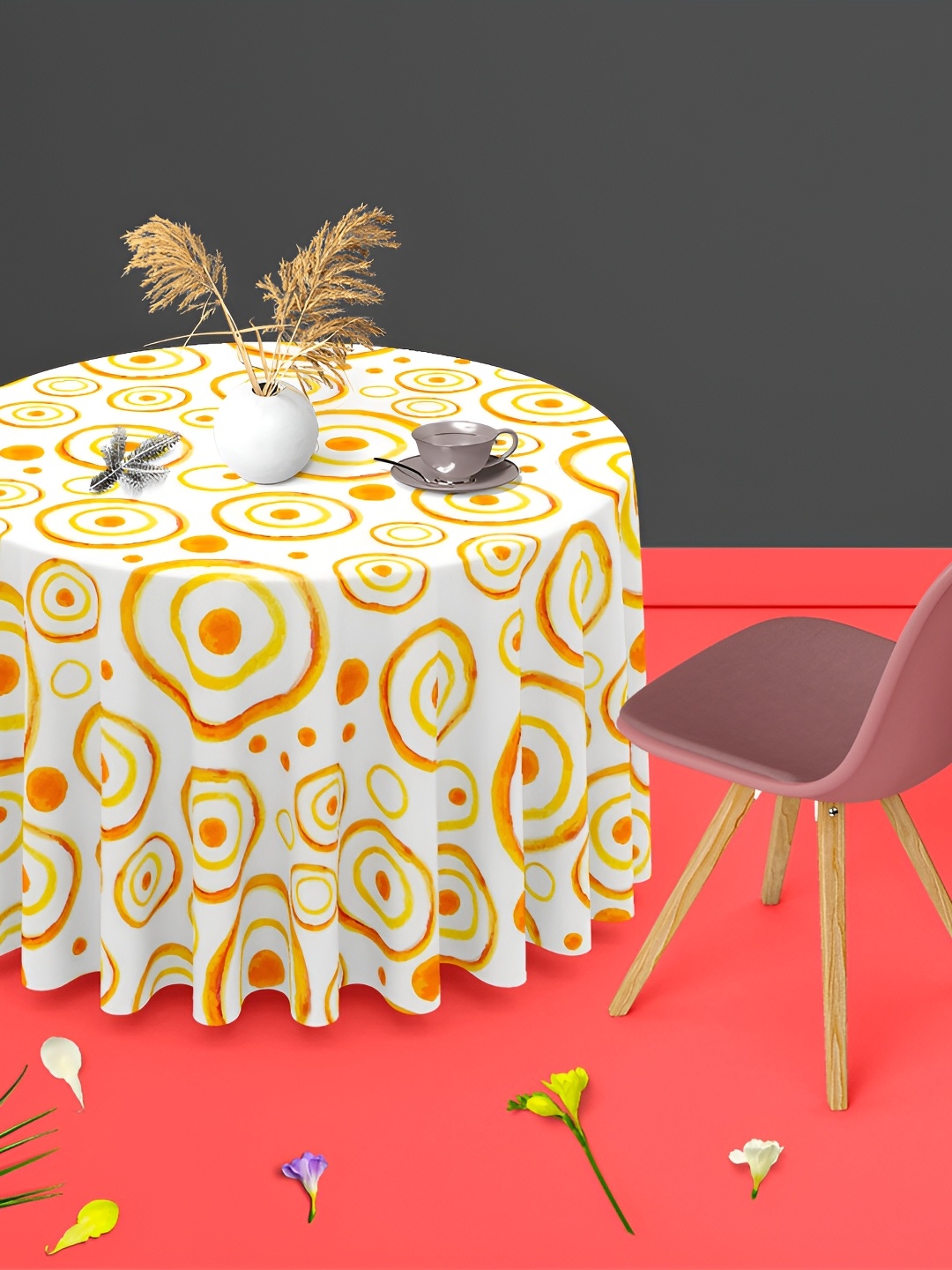 

ArtzFolio White & Orange Anti-Slip Round 4-Seater Table Cover