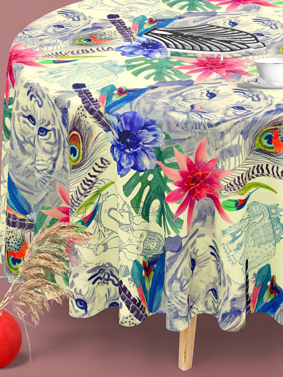 

ArtzFolio Pink & Blue Printed Anti-Slip Velvet Round 8-Seater Table Cover