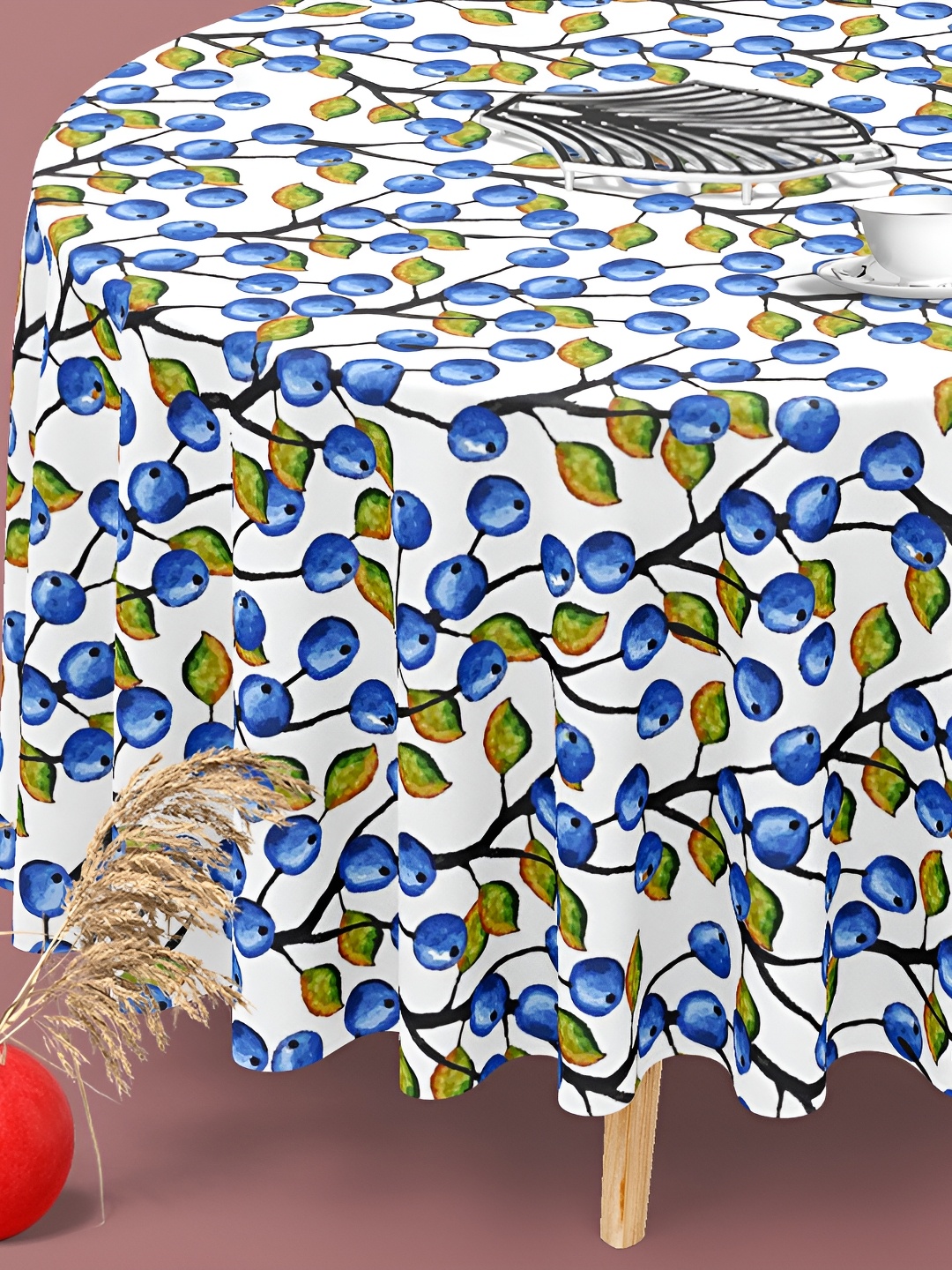 

ArtzFolio White & Blue Anti-Slip Round 6-Seater Table Cover