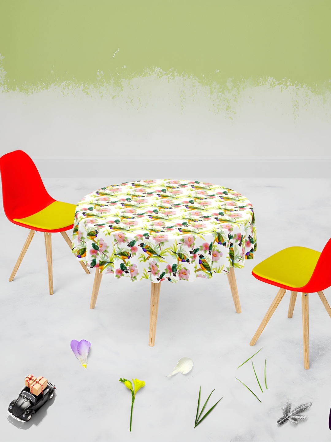 

ArtzFolio White & Green Floral Printed Anti-Slip Round 8 Seater Velvet Table Cover