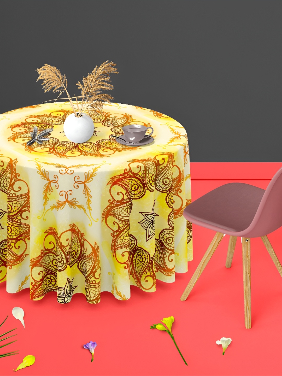 

ArtzFolio Yellow Printed Anti-Slip Velvet Round 4-Seater Table Cover