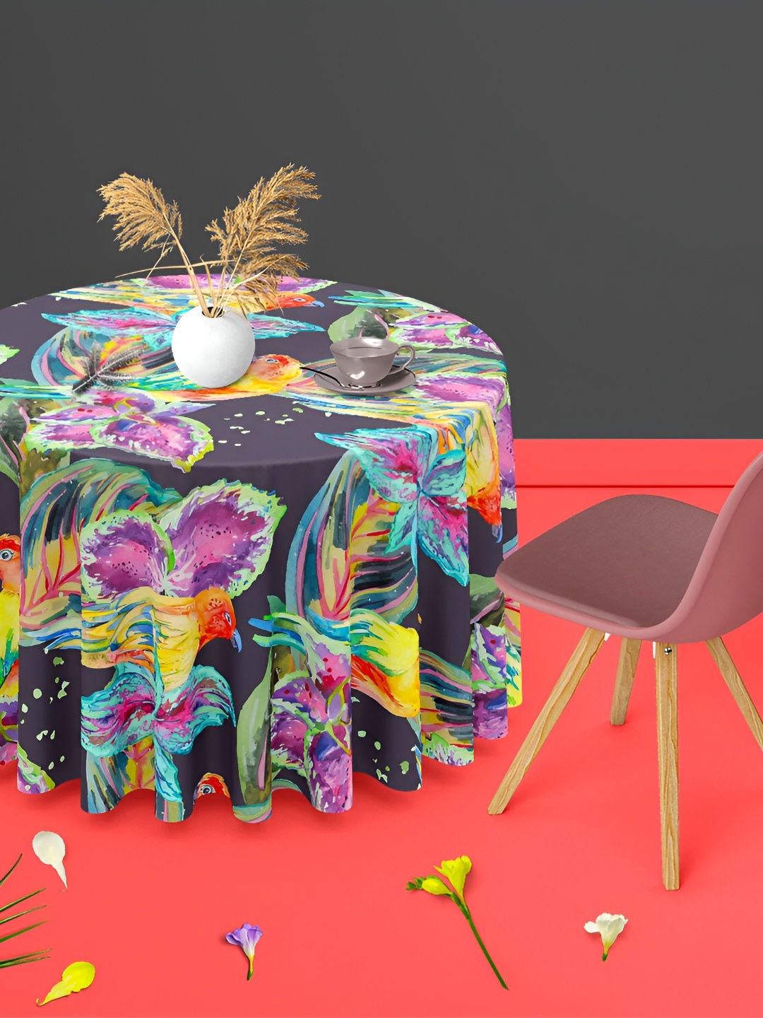 

ArtzFolio Black & Blue Floral Printed Anti-Slip Round 8-Seater Table Cover