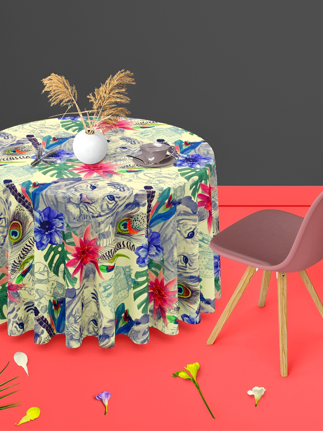 

ArtzFolio Beige & Blue Floral Printed Round Anti-Slip Table Cover