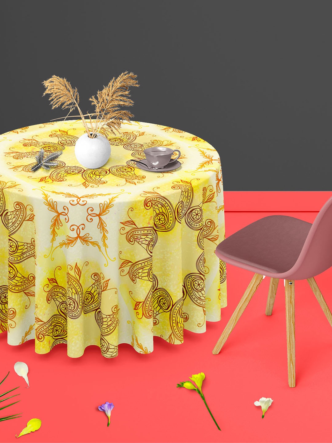 

ArtzFolio Beige & Yellow Ethnic Motifs Print Anti-Slip Round 8-Seater Table Cover