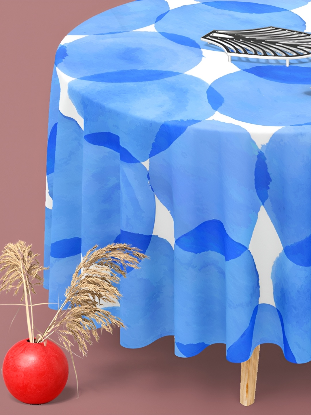

ArtzFolio White & Blue Anti-Slip Round 8-Seater Table Cover