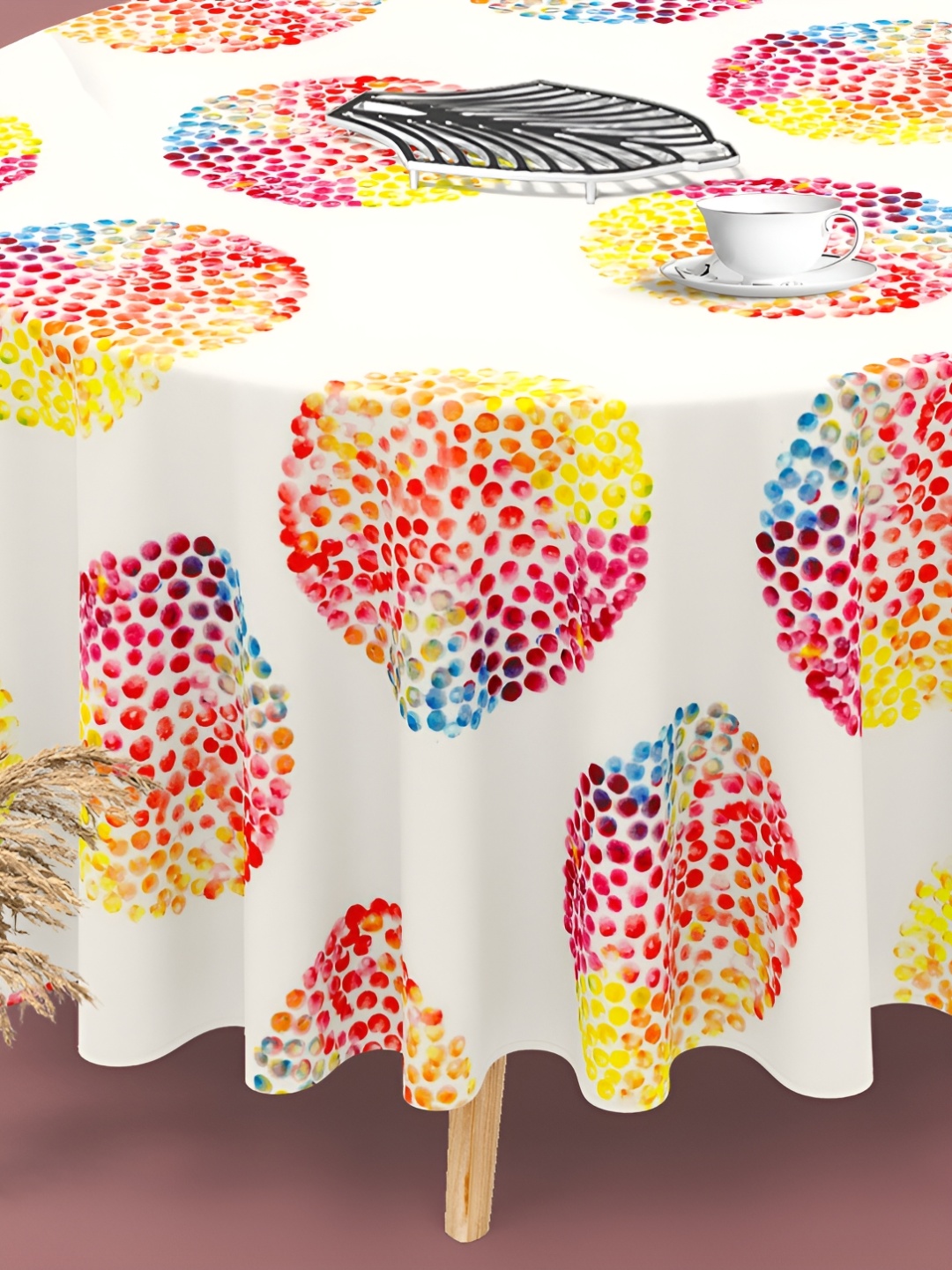 

ArtzFolio White & Orange Anti-Slip Round 4-Seater Table Cover