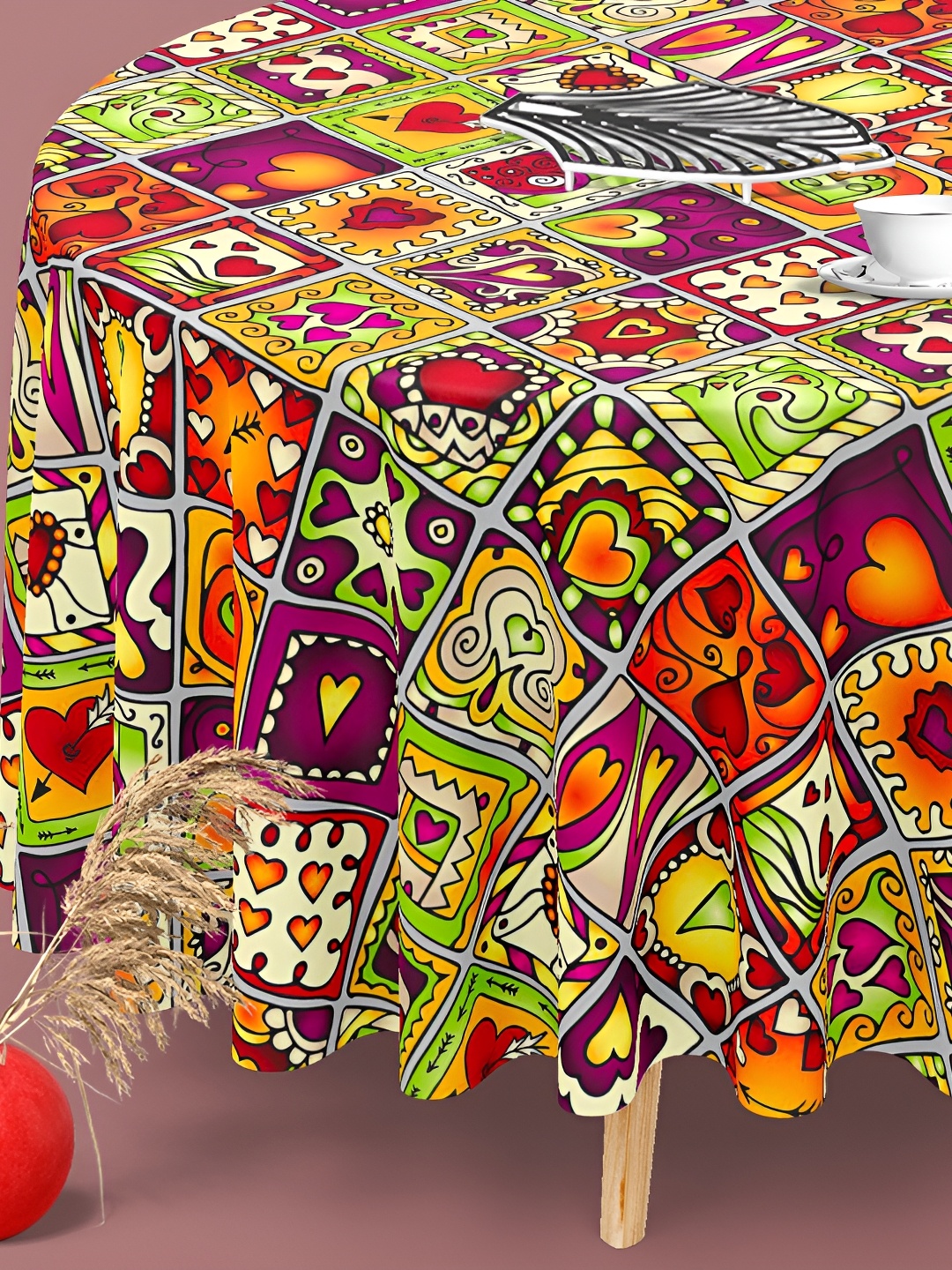 

ArtzFolio Green & Red Printed Velvet Anti Slip Round Table Cover