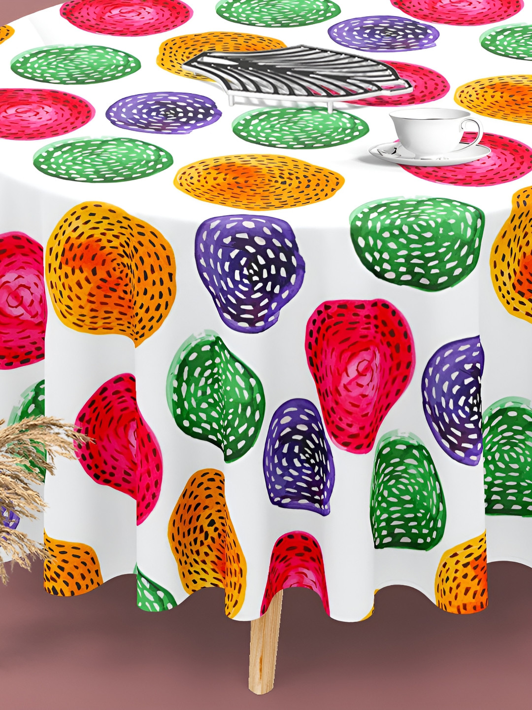 

ArtzFolio White & Yellow Printed Anti-Slip Round 8-Seater Table Cover