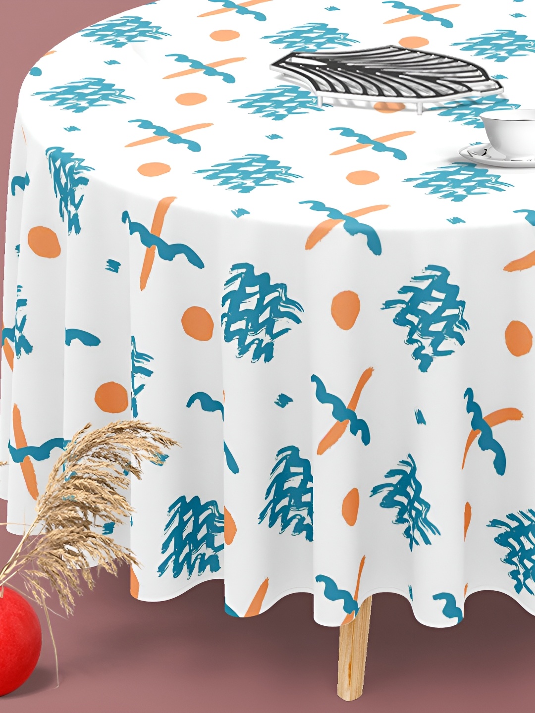 

ArtzFolio White & Blue Printed Anti-Slip Velvet Round 8-Seater Table Cover