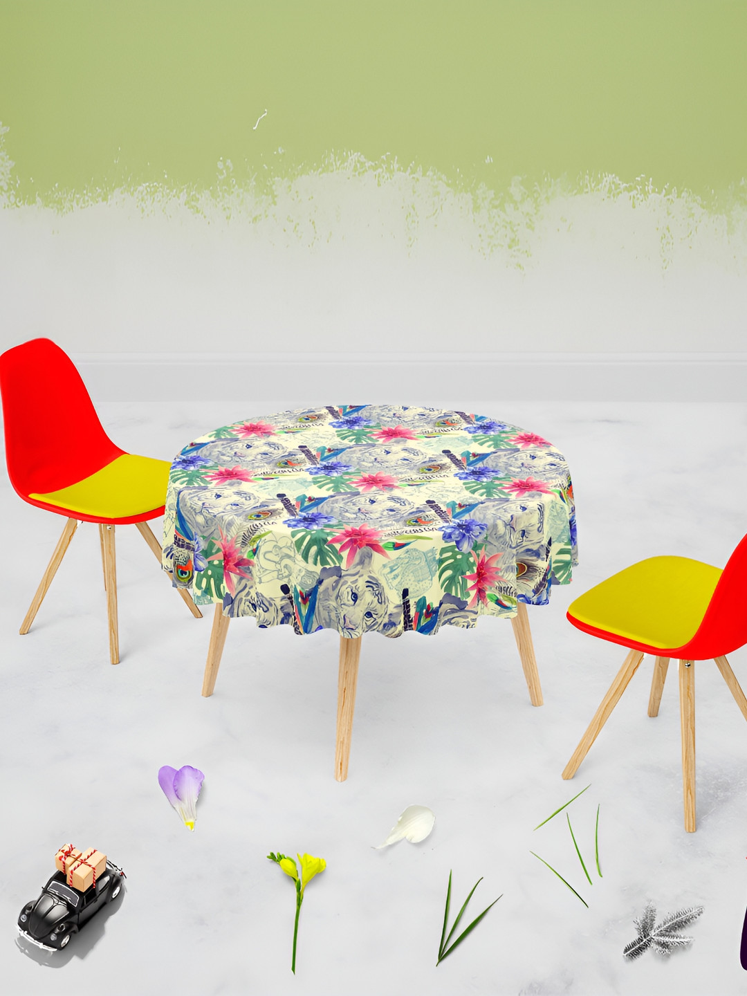 

ArtzFolio Off White & Blue Floral Printed Anti-Slip Round 4-Seater Velvet Table Cover