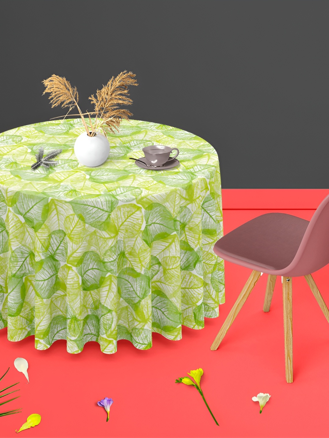 

ArtzFolio Green & yellow Floral Printed Anti-Slip Round 4-Seater Velvet Table Cover