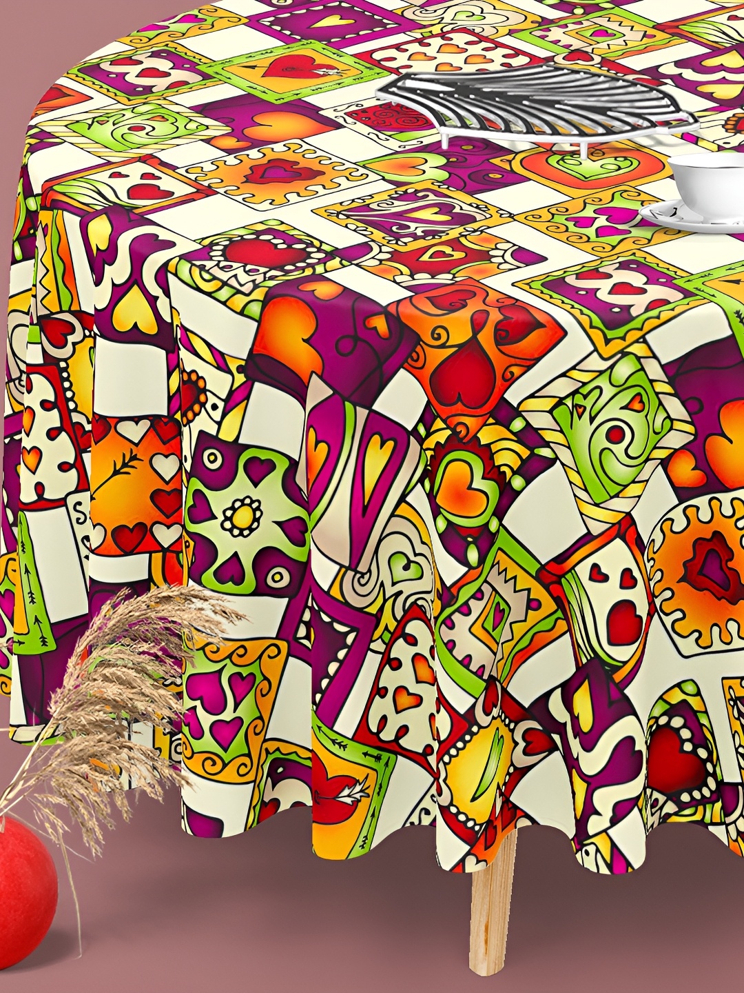 

ArtzFolio White & Orange Printed Canvas Anti-Slip Round 4-Seater Table Cover