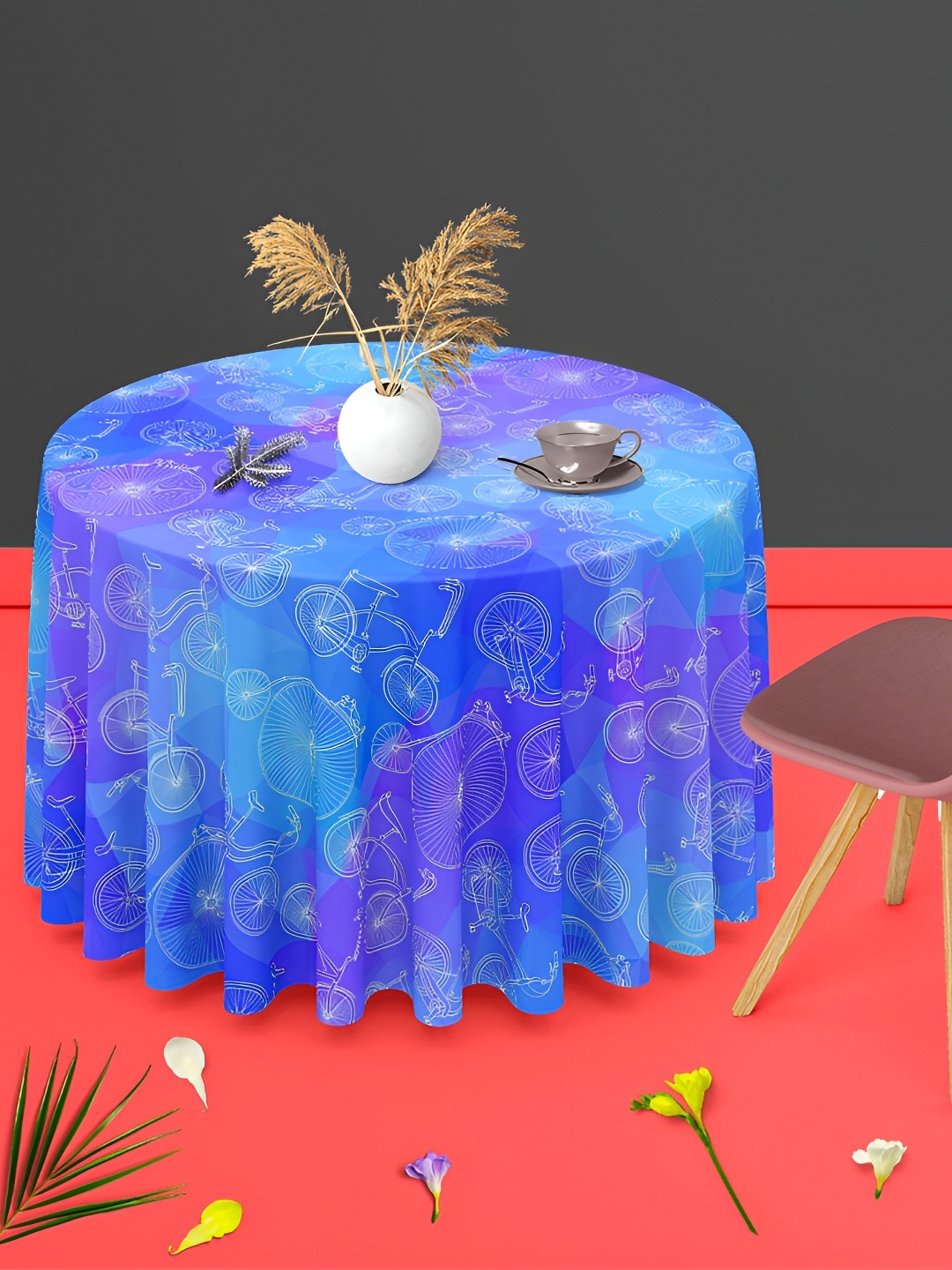 

ArtzFolio Blue Printed Anti-Slip Round 6-Seater Table Cover