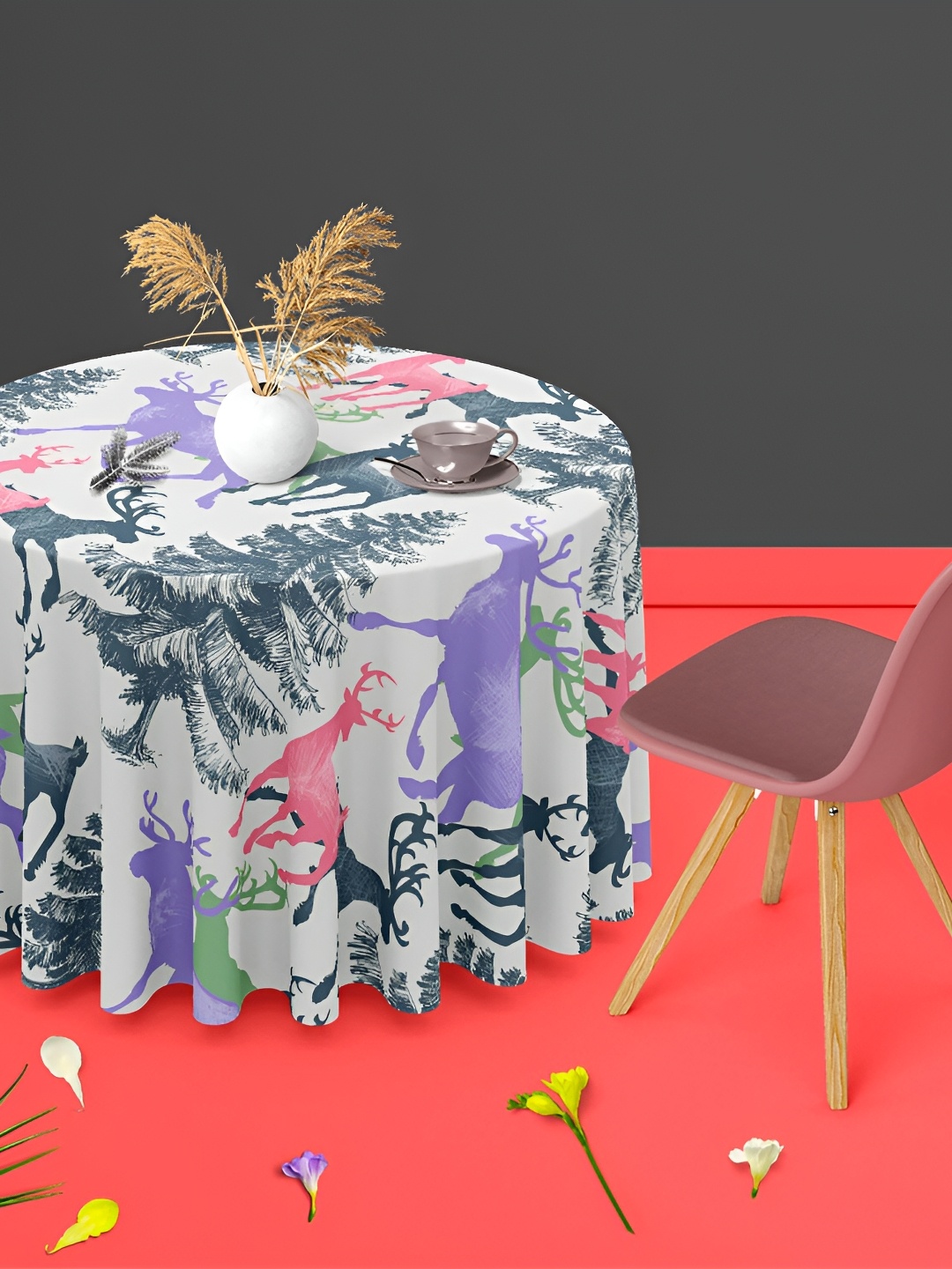 

ArtzFolio White & Blue Anti-Slip Round 6-Seater Table Cover