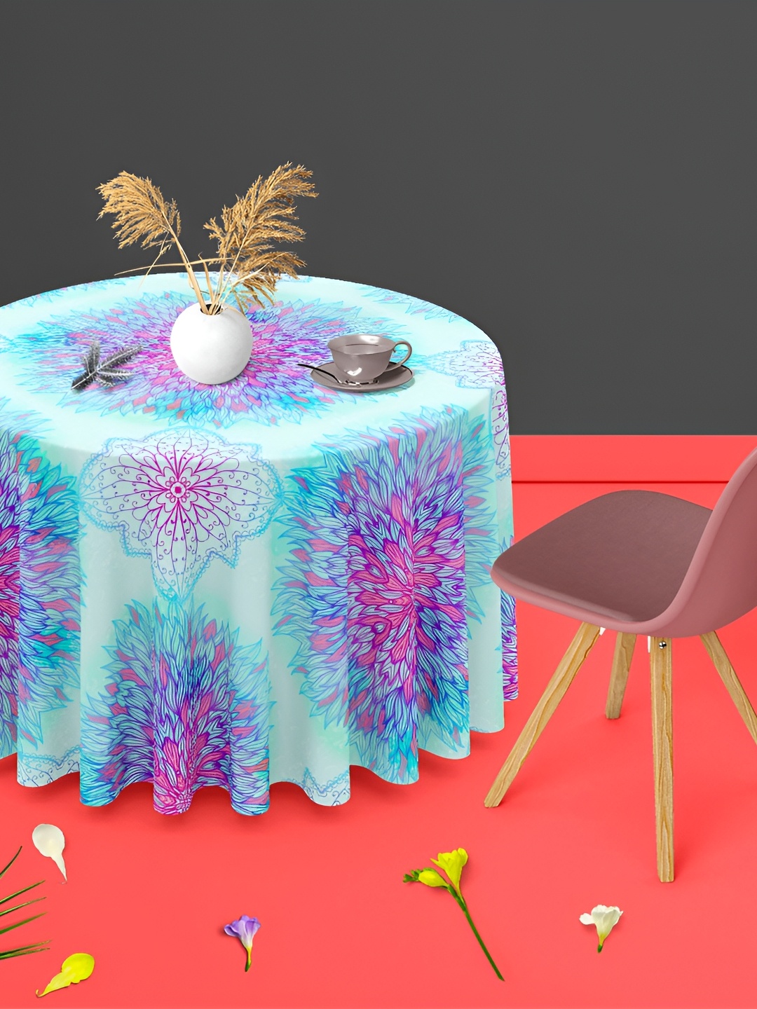 

ArtzFolio Blue Floral Anti-Slip Round 4-Seater Table Cover