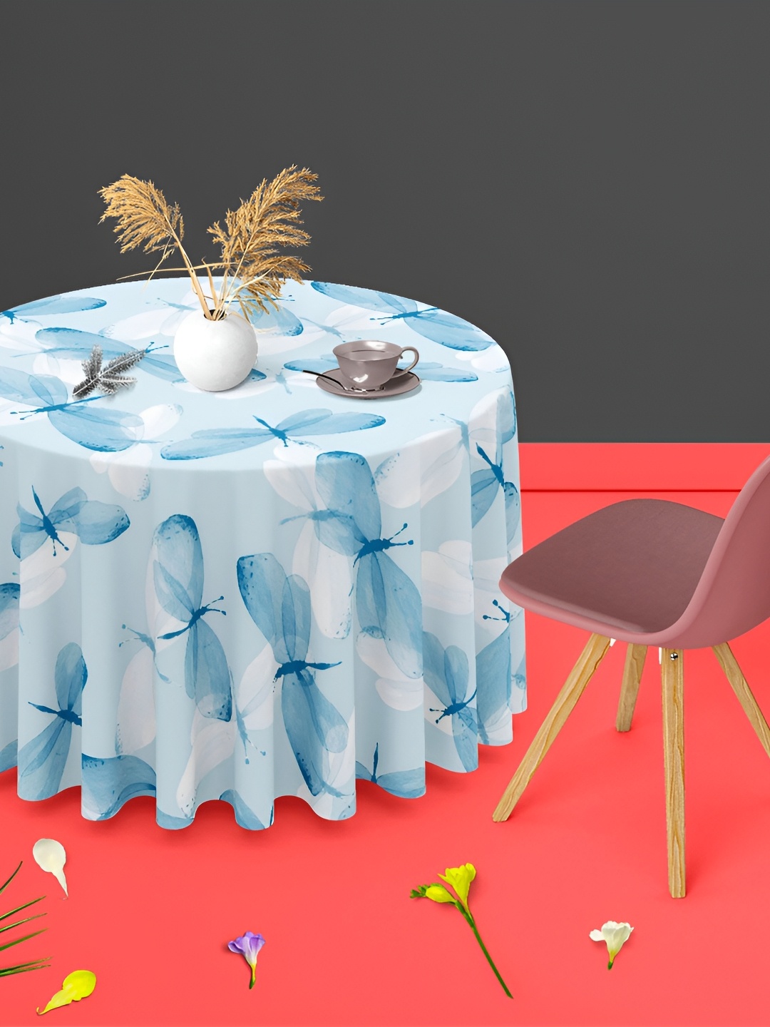 

ArtzFolio White & Blue Anti-Slip Round 8-Seater Table Cover