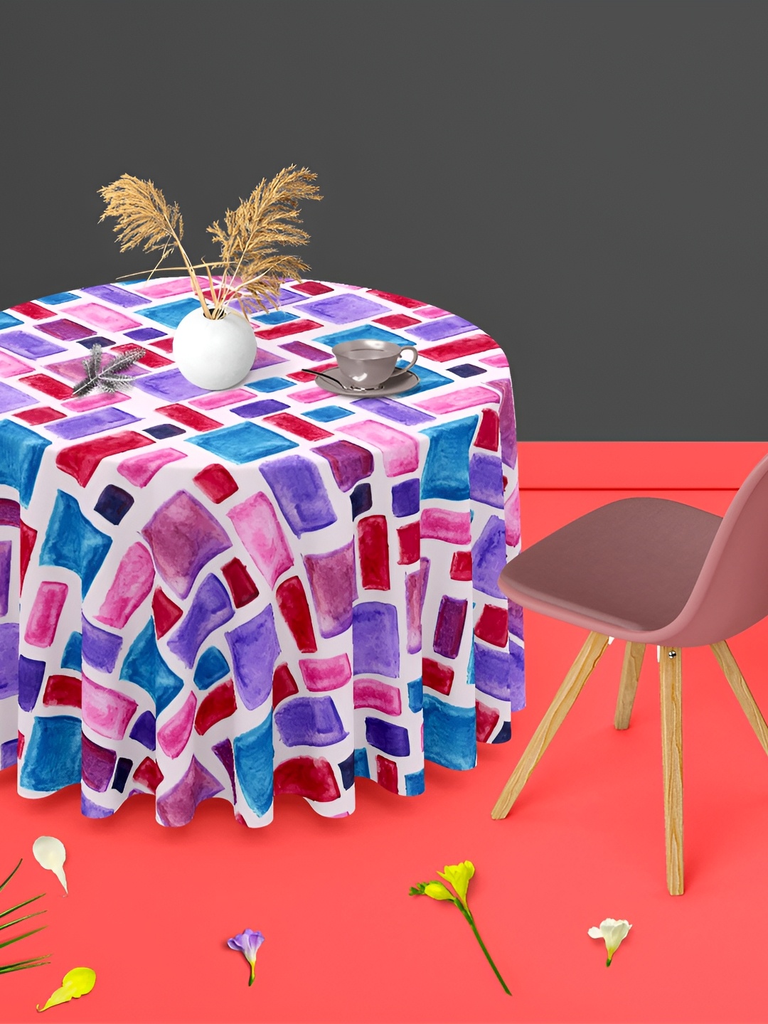 

ArtzFolio White & Pink Printed Velvet Anti-Slip Round Table Cover