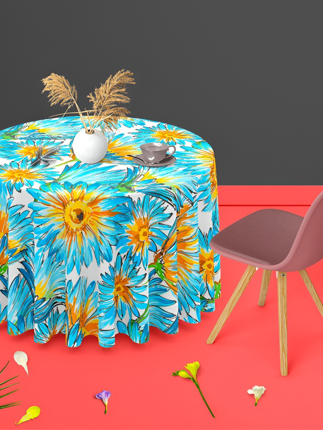 

ArtzFolio White & Blue Floral Printed Anti Slip Round Table Cover