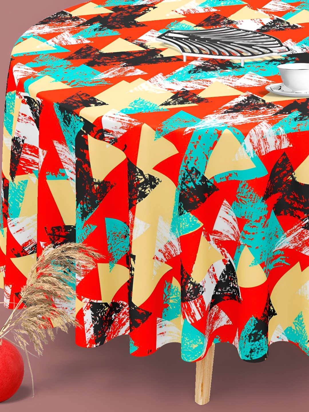 

ArtzFolio Red & Blue Abstract Printed Anti-Slip Round 6-Seater Table Cover