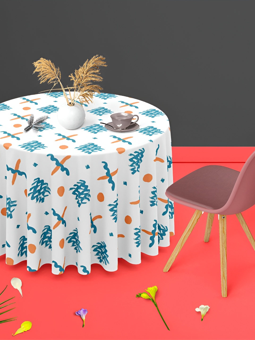 

ArtzFolio White & Blue Anti-Slip Round 8-Seater Table Cover