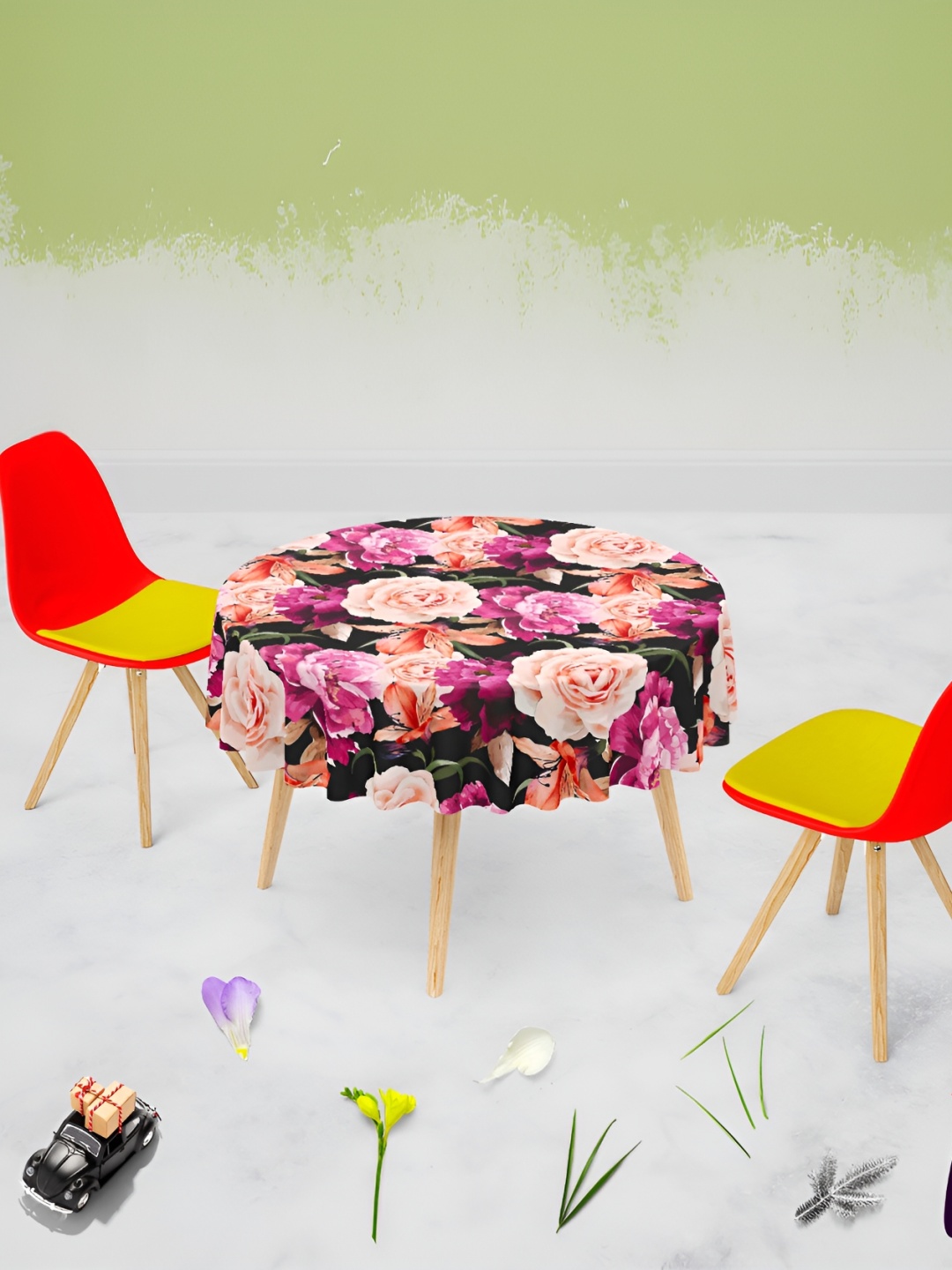 

ArtzFolio Black & Pink Floral Printed Anti-Slip Round 4-Seater Table Cover