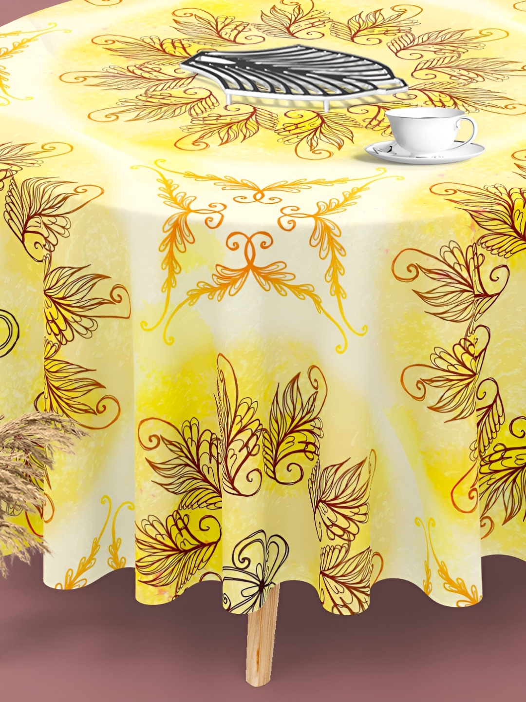 

ArtzFolio Yellow Printed Anti-Slip Velvet Round 4-Seater Table Cover