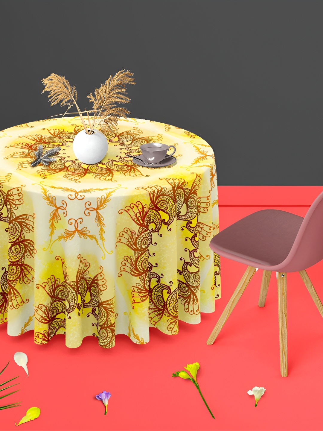 

ArtzFolio Yellow & Brown Anti-Slip Round 6-Seater Table Cover
