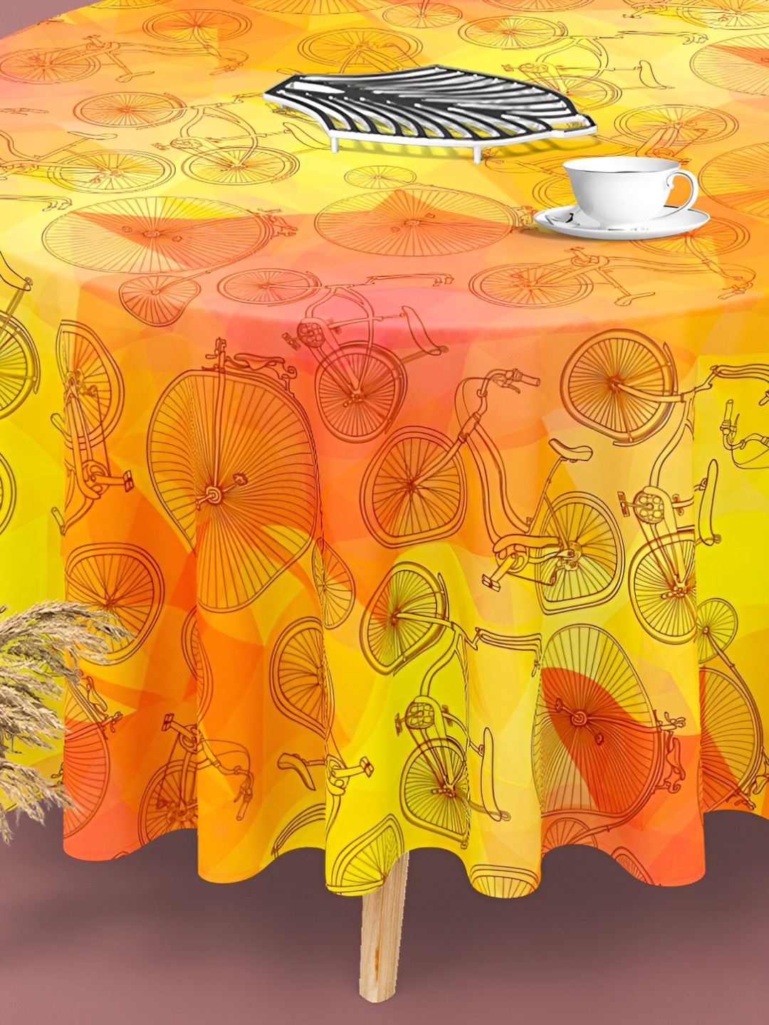 

ArtzFolio Yellow & Orange Conversational Printed Anti-Slip Round 8-Seater Table Cover