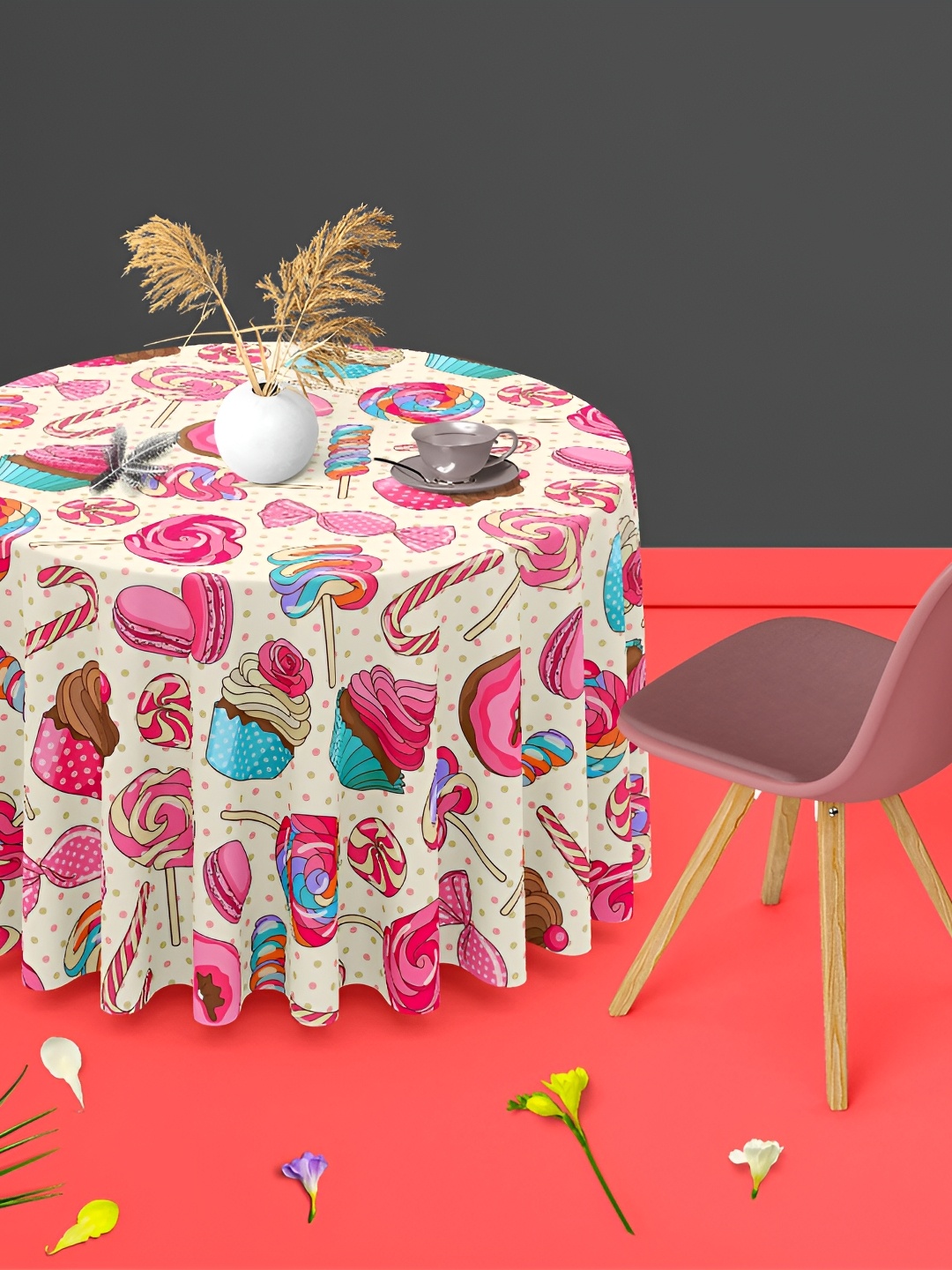 

ArtzFolio Cream & Pink Conversational Printed Anti-Slip Round 6-Seater Table Cover