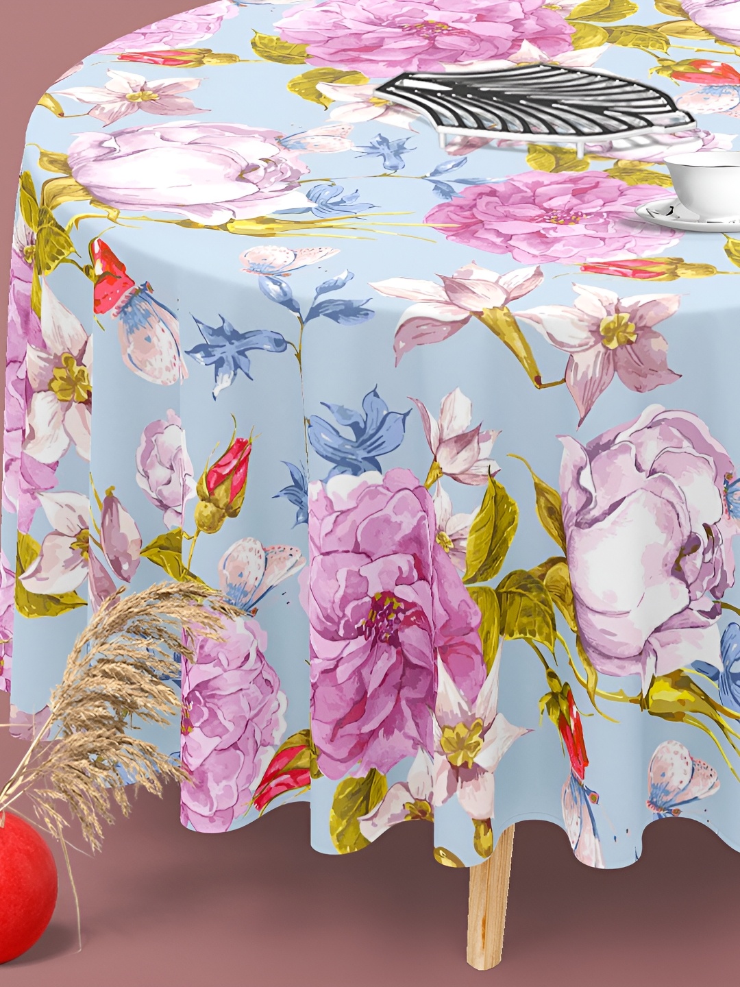 

ArtzFolio Blue & Pink Velvet Anti-Slip Round 6-Seater Table Cover