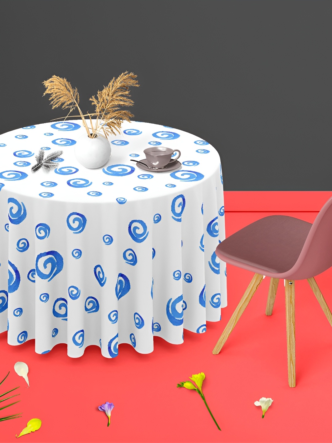 

ArtzFolio White & Blue Anti-Slip Round 6-Seater Table Cover